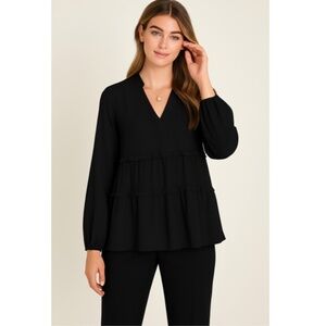 Ann Taylor Long Sleeve Tiered Blouse V-Neck Black Size Medium
